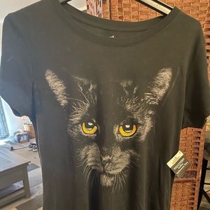 Celebrate Halloween cute lil kitty kitty cat on a large shirt that's black.